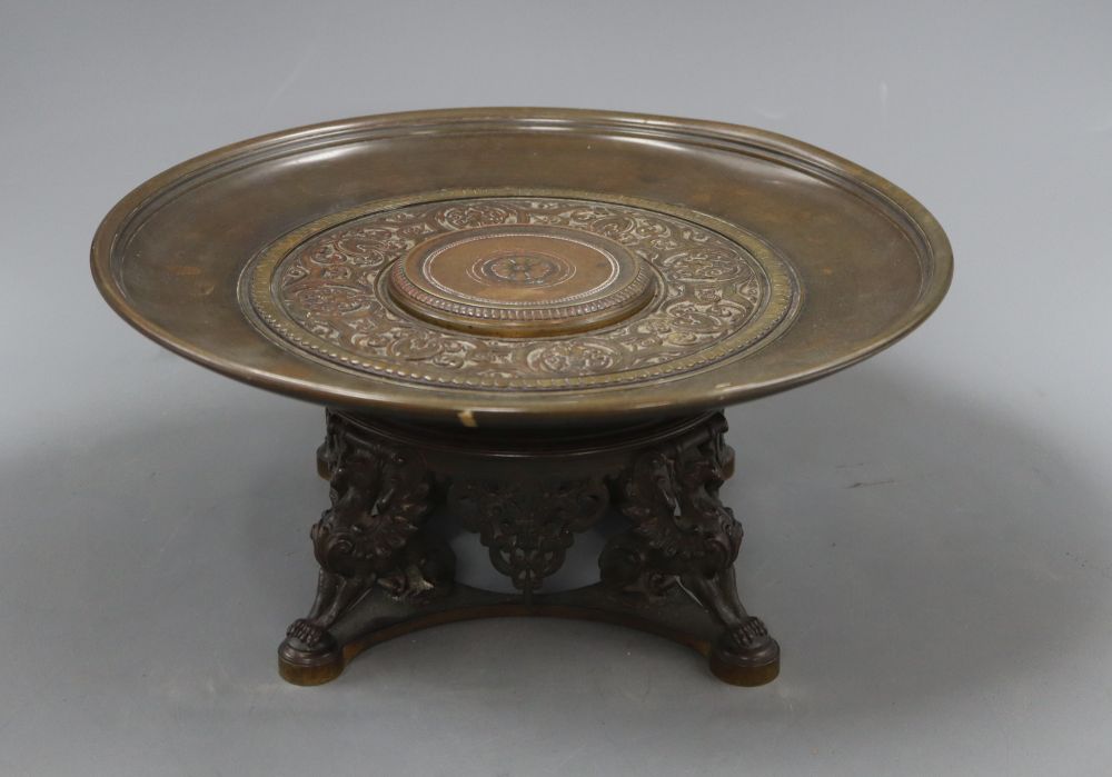 A 19th century bronze centrepiece tazza with griffin supports,
